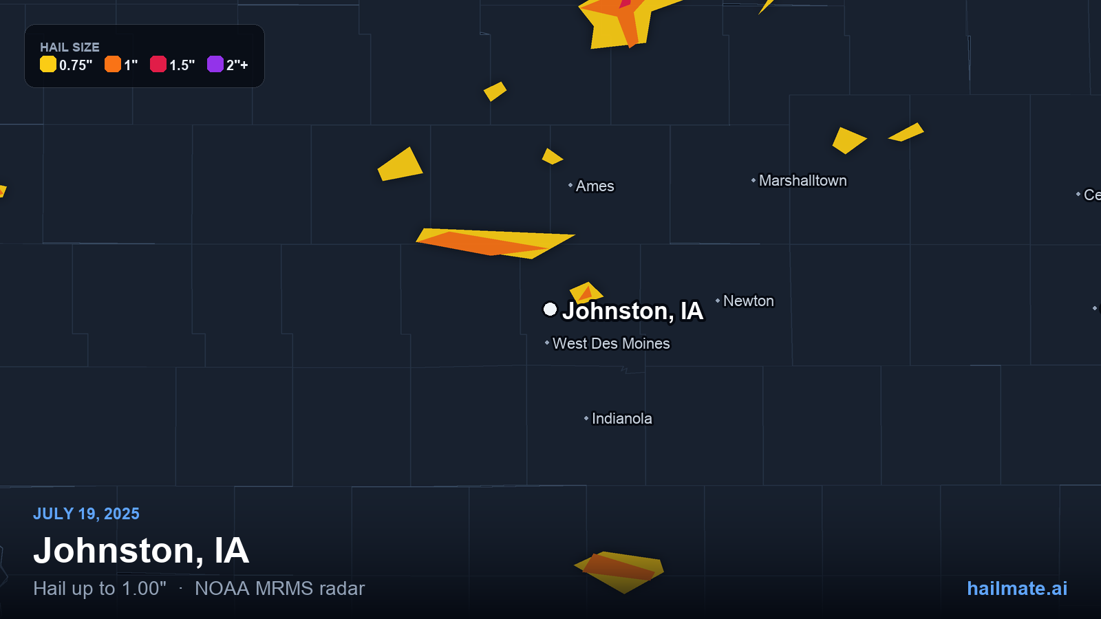 Hail swath map for Johnston, IA on July 19, 2025 showing 1.00 inch hail.