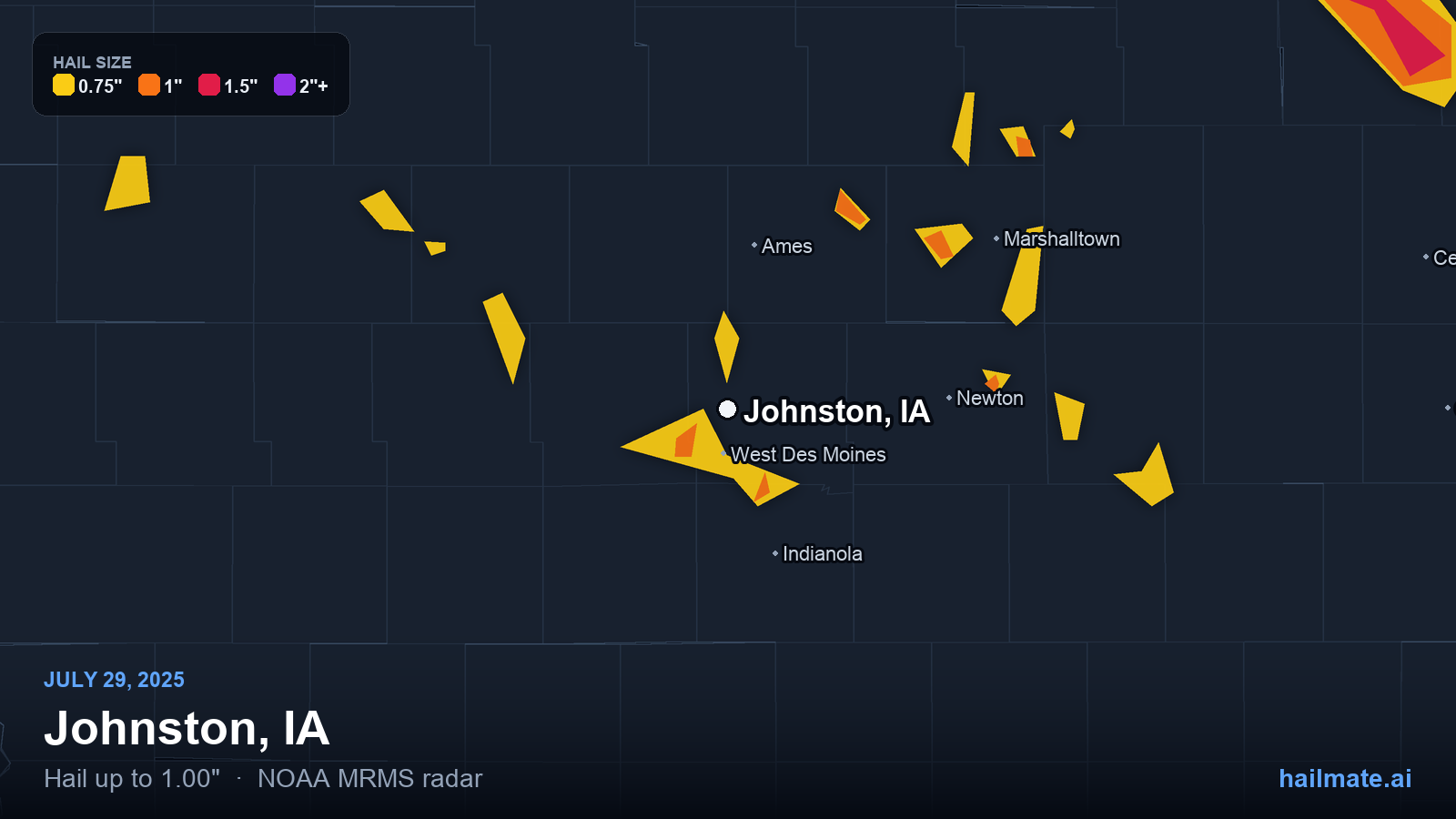 Hail swath map for Johnston, IA on July 29, 2025 showing 1.00 inch hail.