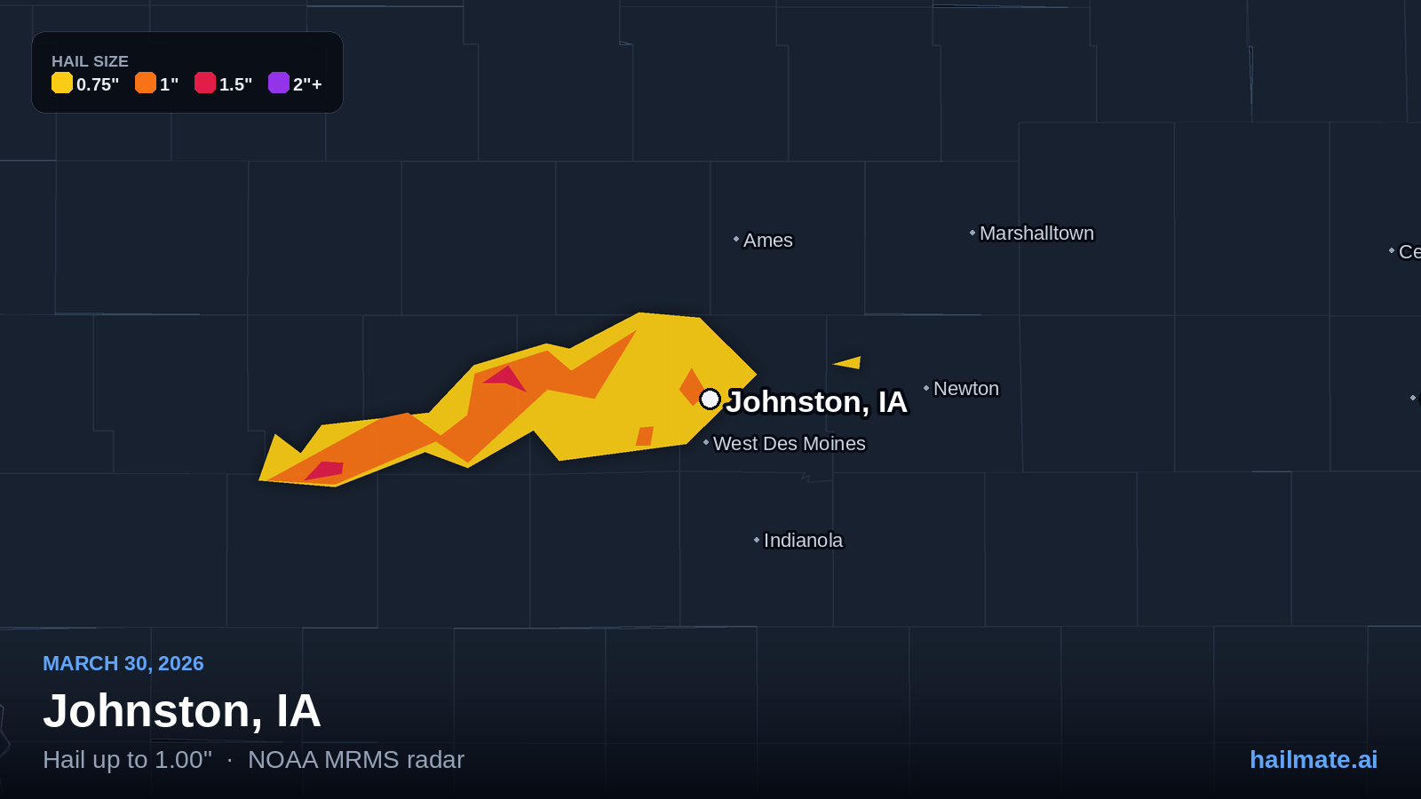 Hail swath map for Johnston, IA on March 30, 2026 showing 1.00 inch hail.