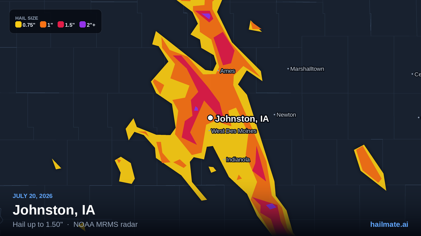 Hail swath map for Johnston, IA on July 20, 2026 showing 1.50 inch hail.
