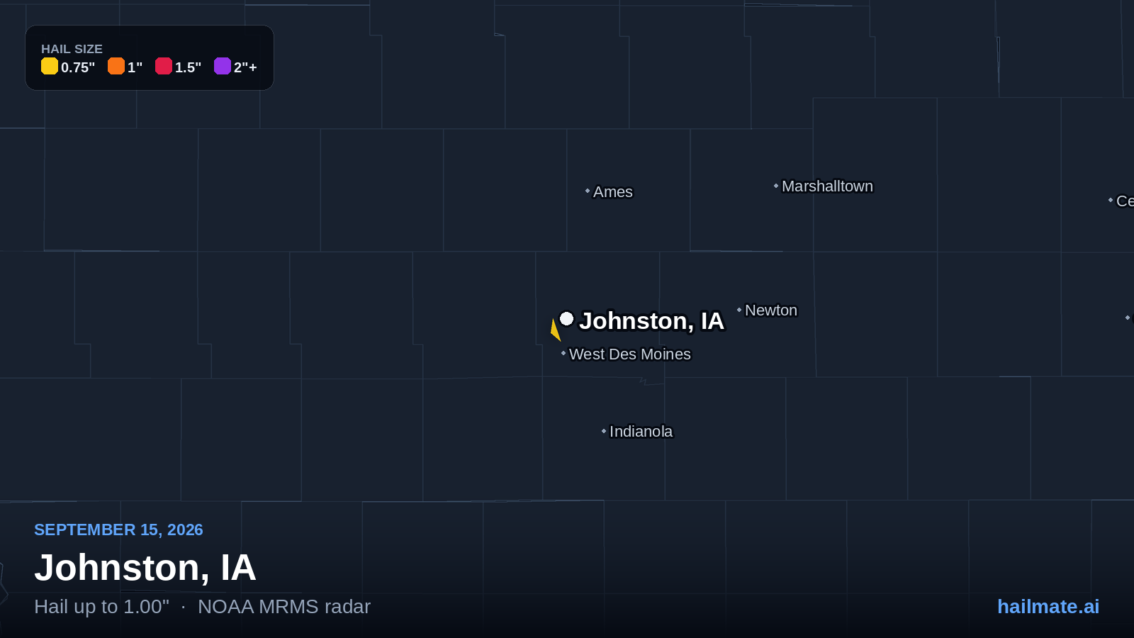 Hail swath map for Johnston, IA on September 15, 2026 showing 1.00 inch hail.
