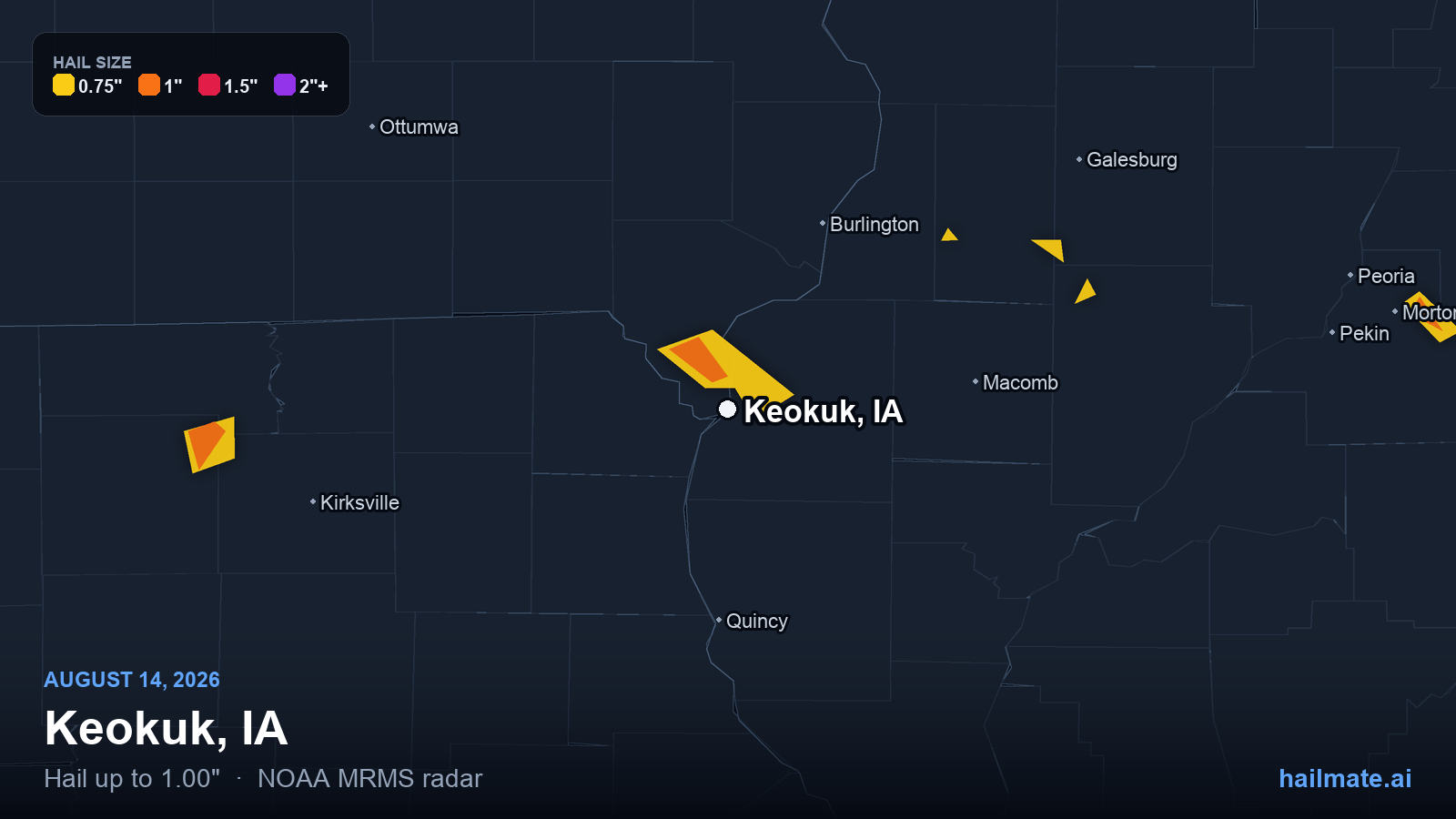 Hail swath map for Keokuk, IA on August 14, 2026 showing 1.00 inch hail.