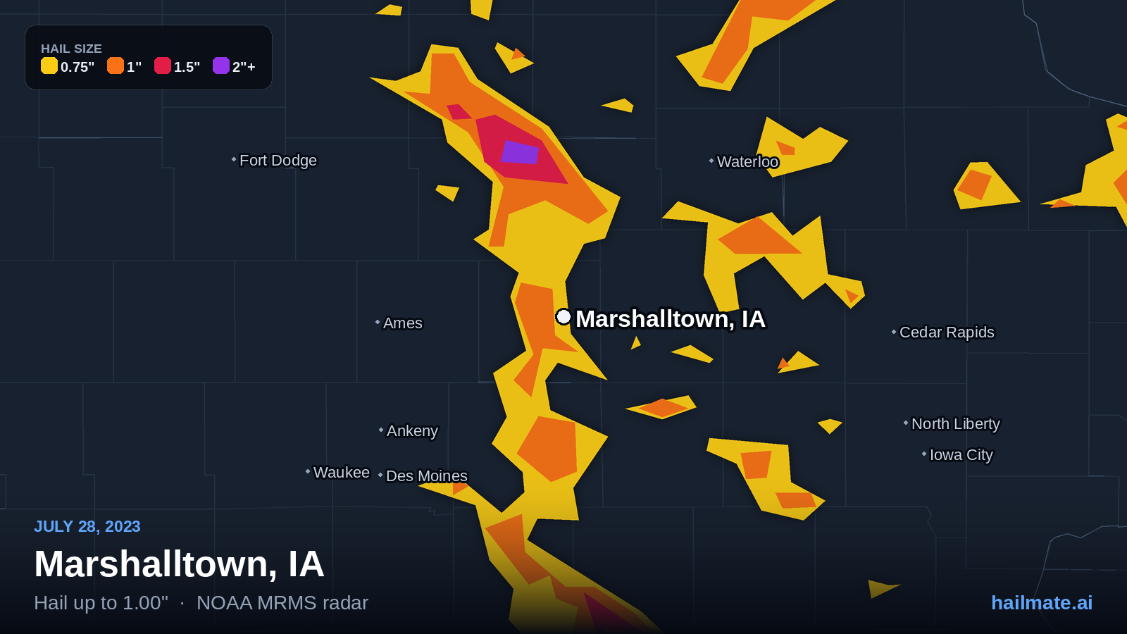 Hail swath map for Marshalltown, IA on July 28, 2023 showing 1.00 inch hail.
