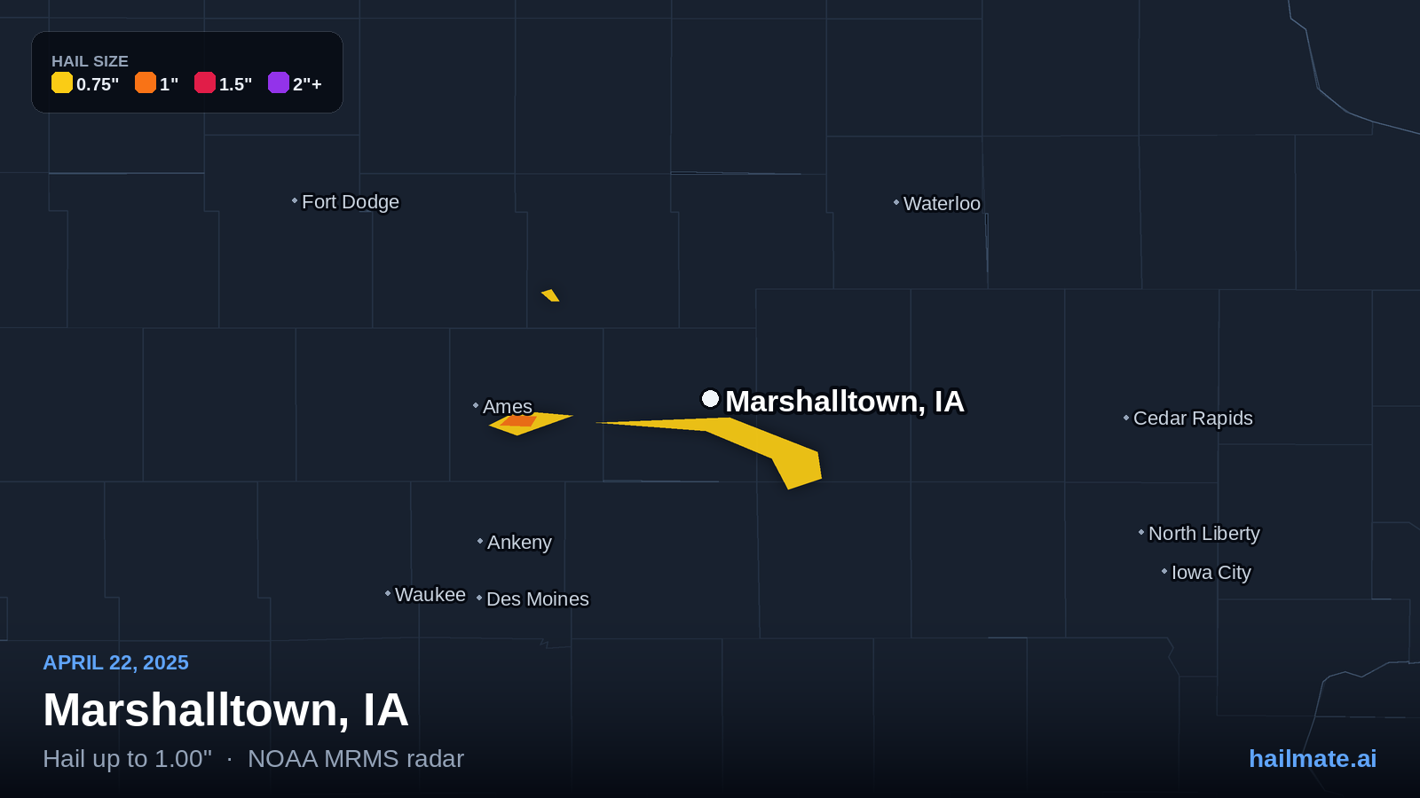 Hail swath map for Marshalltown, IA on April 22, 2025 showing 1.00 inch hail.