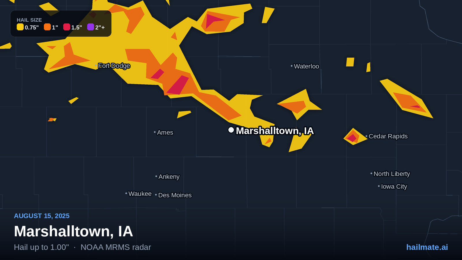 Hail swath map for Marshalltown, IA on August 15, 2025 showing 1.00 inch hail.