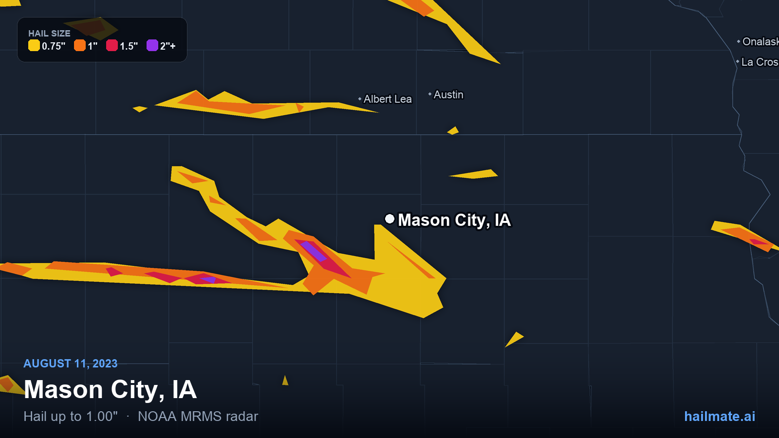 Hail swath map for Mason City, IA on August 11, 2023 showing 1.00 inch hail.