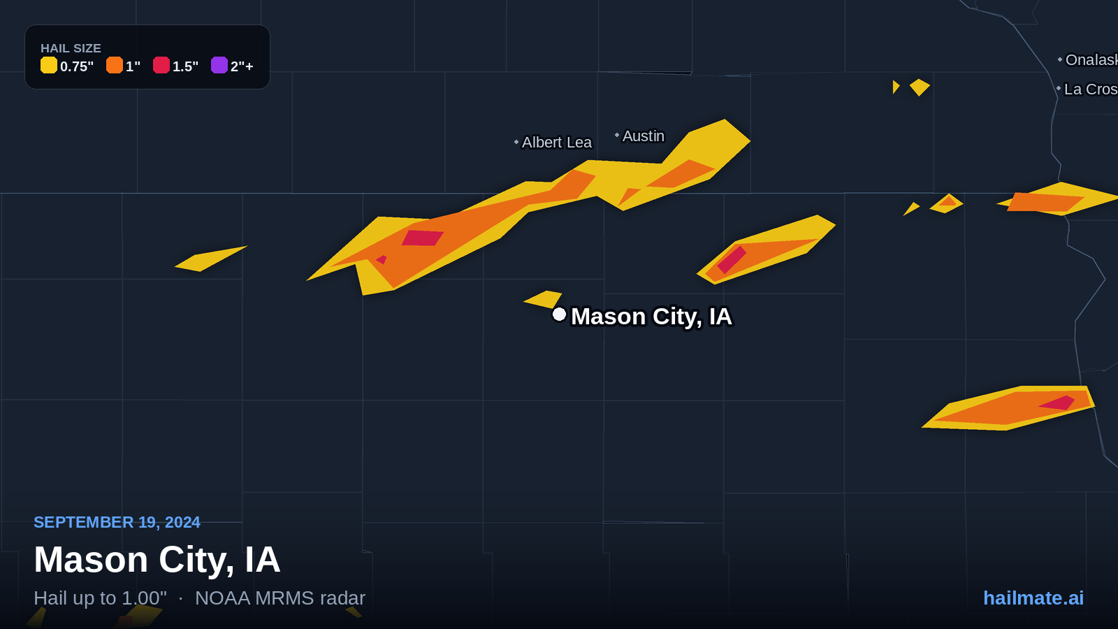 Hail swath map for Mason City, IA on September 19, 2024 showing 1.00 inch hail.