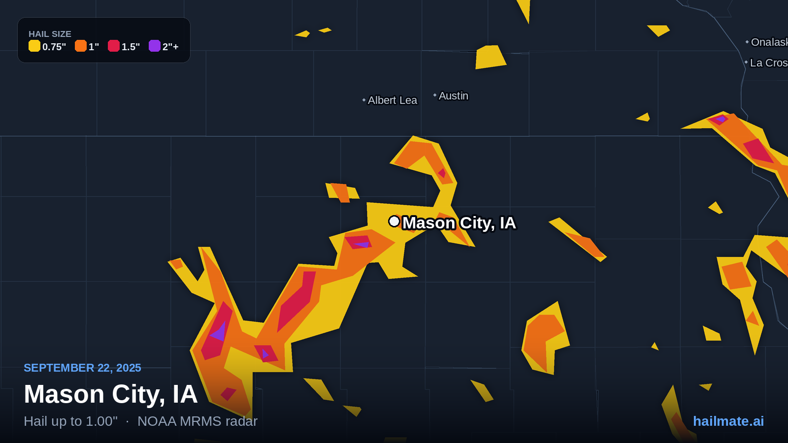 Hail swath map for Mason City, IA on September 22, 2025 showing 1.00 inch hail.