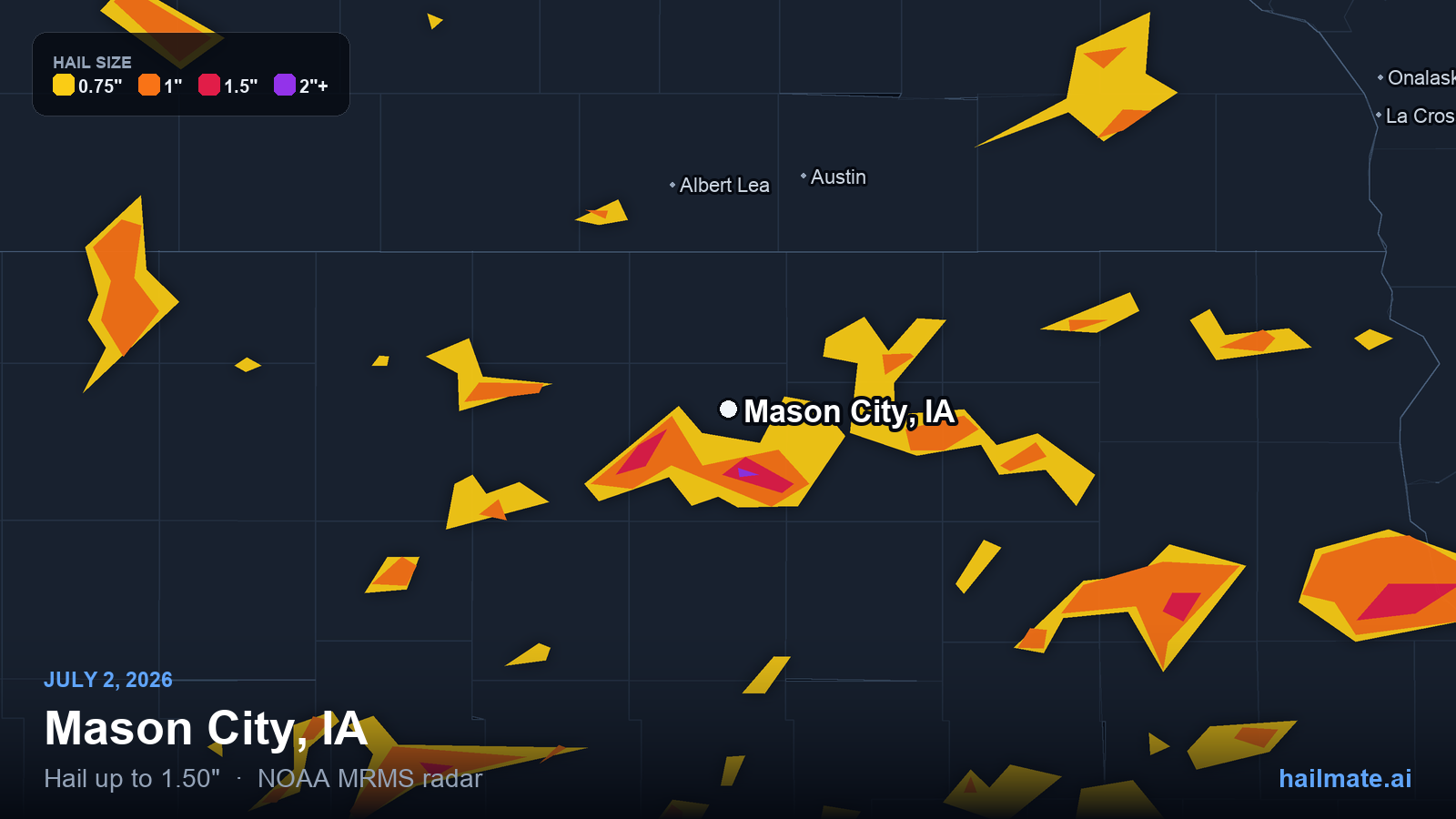Hail swath map for Mason City, IA on July 2, 2026 showing 1.50 inch hail.