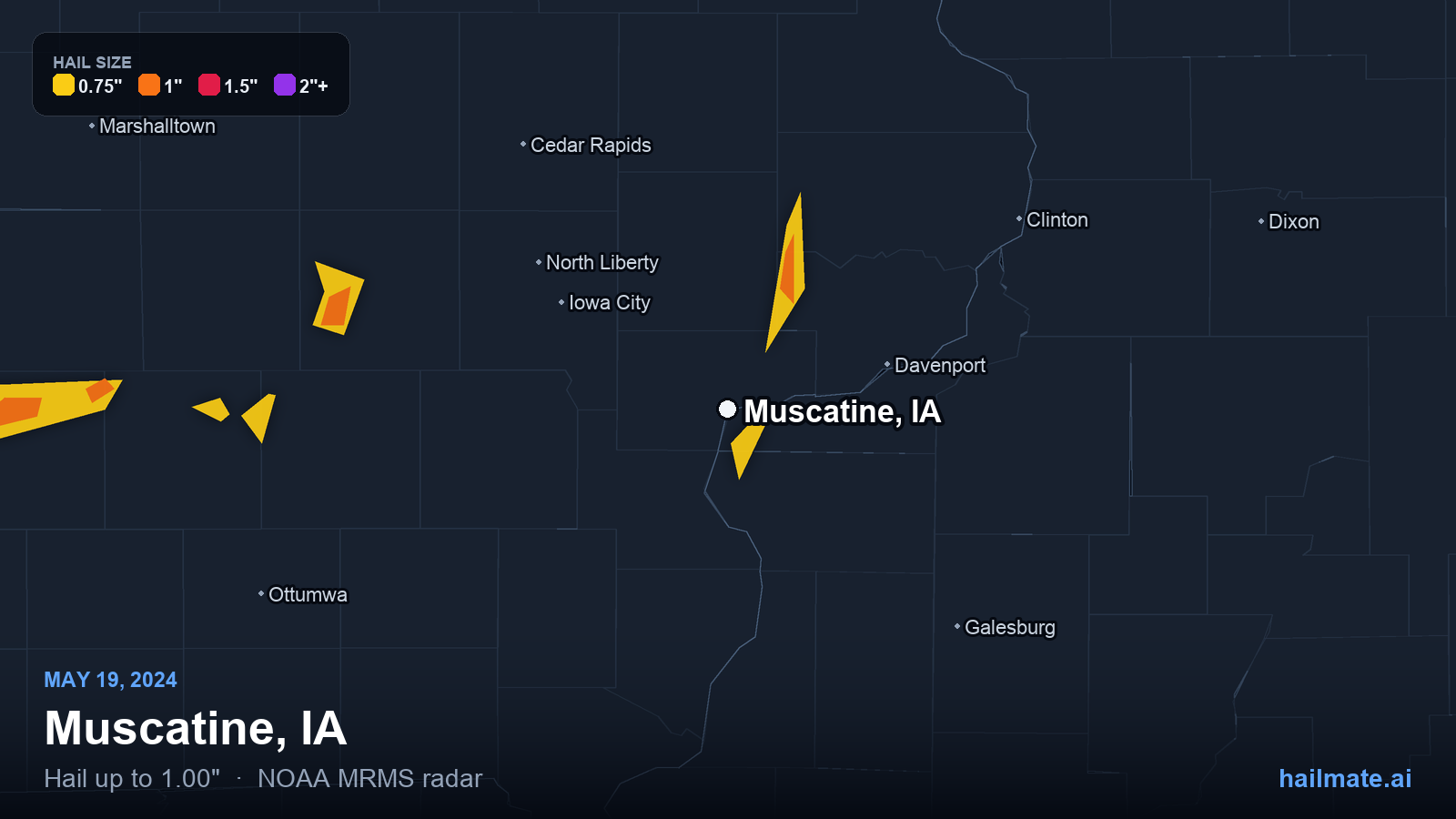 Hail swath map for Muscatine, IA on May 19, 2024 showing 1.00 inch hail.