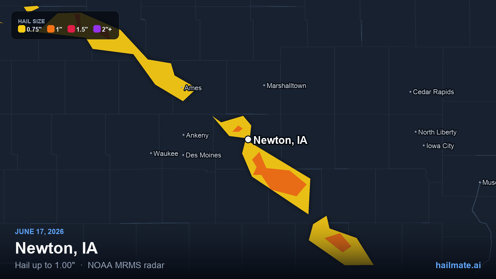 Hail swath map for Newton, IA on June 17, 2026 showing 1.00 inch hail.