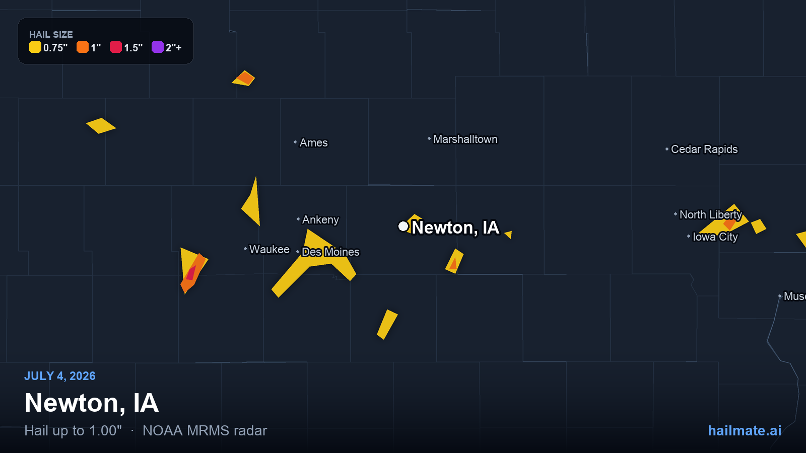 Hail swath map for Newton, IA on July 4, 2026 showing 1.00 inch hail.