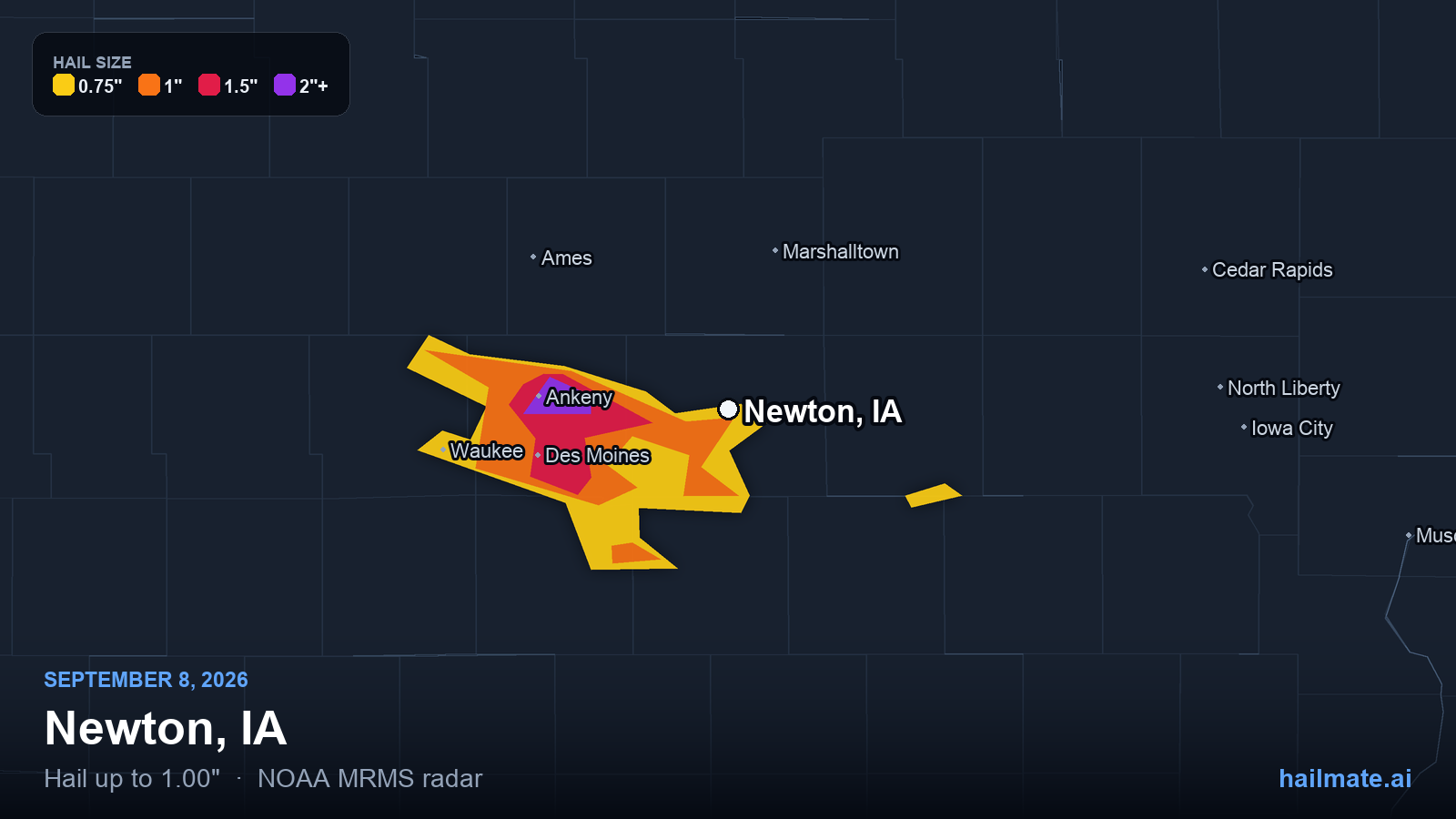 Hail swath map for Newton, IA on September 8, 2026 showing 1.00 inch hail.