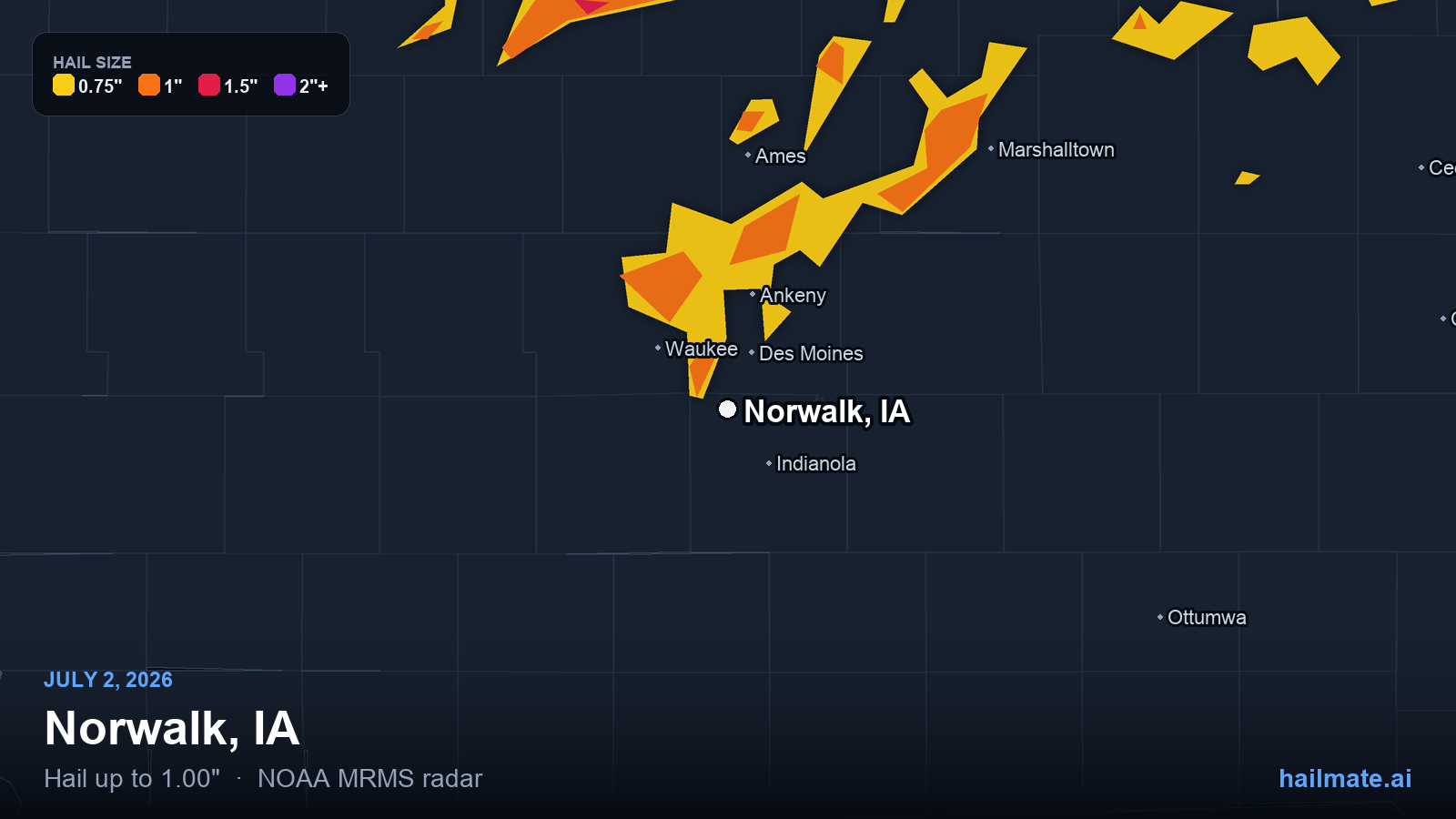 Hail swath map for Norwalk, IA on July 2, 2026 showing 1.00 inch hail.