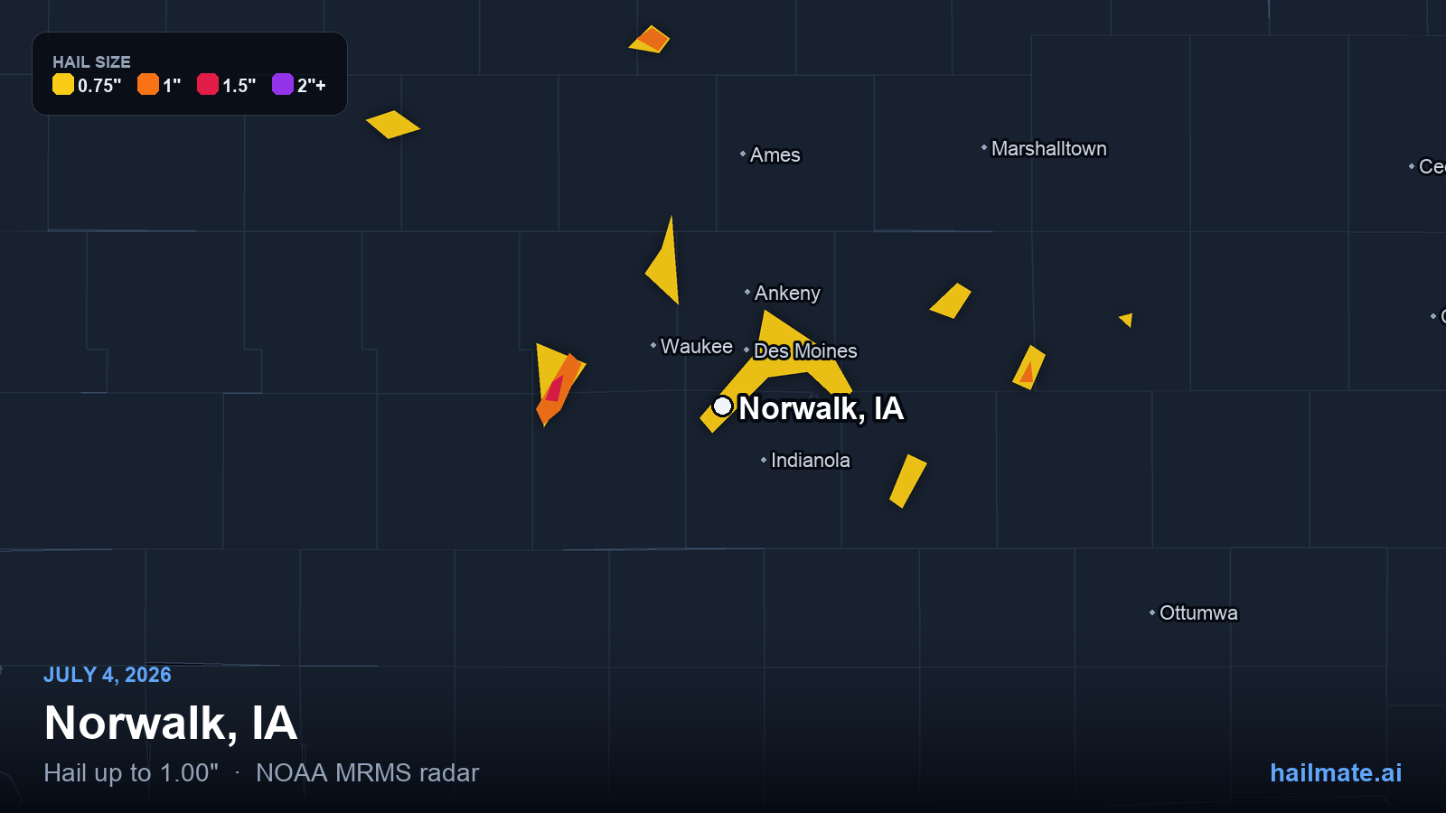 Hail swath map for Norwalk, IA on July 4, 2026 showing 1.00 inch hail.
