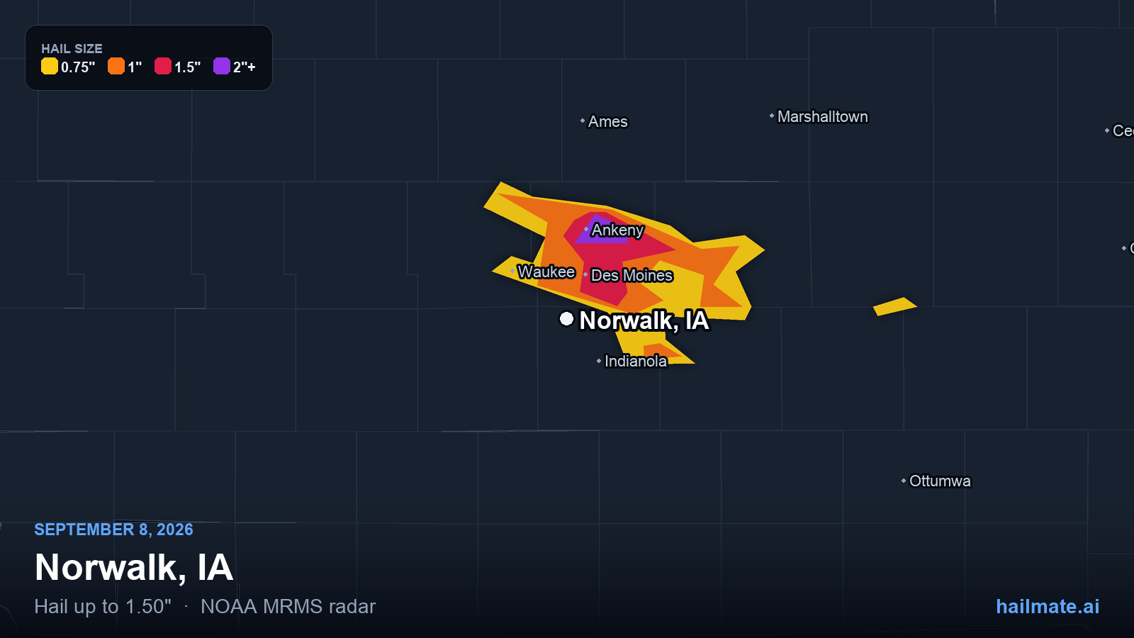 Hail swath map for Norwalk, IA on September 8, 2026 showing 1.50 inch hail.