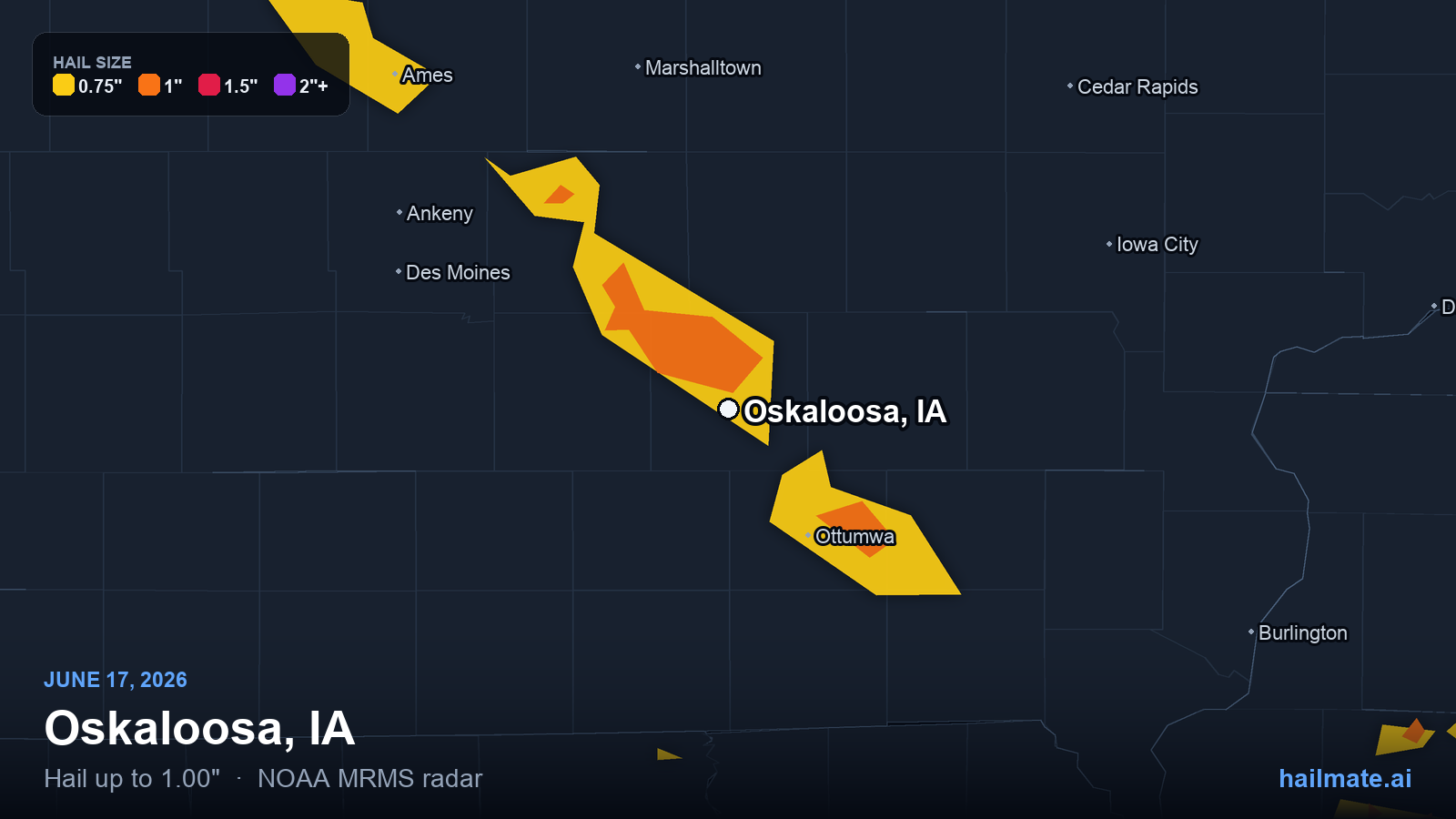 Hail swath map for Oskaloosa, IA on June 17, 2026 showing 1.00 inch hail.