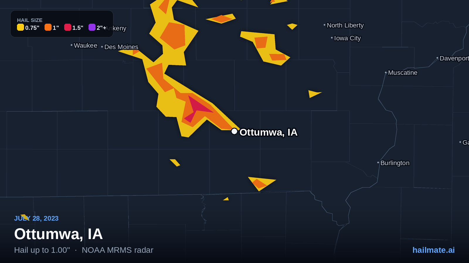 Hail swath map for Ottumwa, IA on July 28, 2023 showing 1.00 inch hail.