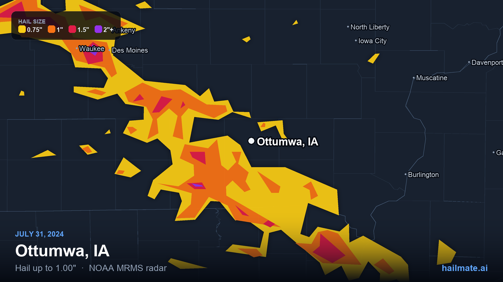 Hail swath map for Ottumwa, IA on July 31, 2024 showing 1.00 inch hail.
