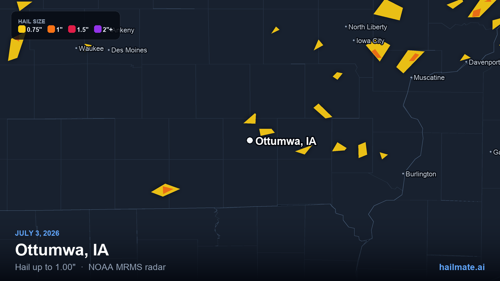 Hail swath map for Ottumwa, IA on July 3, 2026 showing 1.00 inch hail.