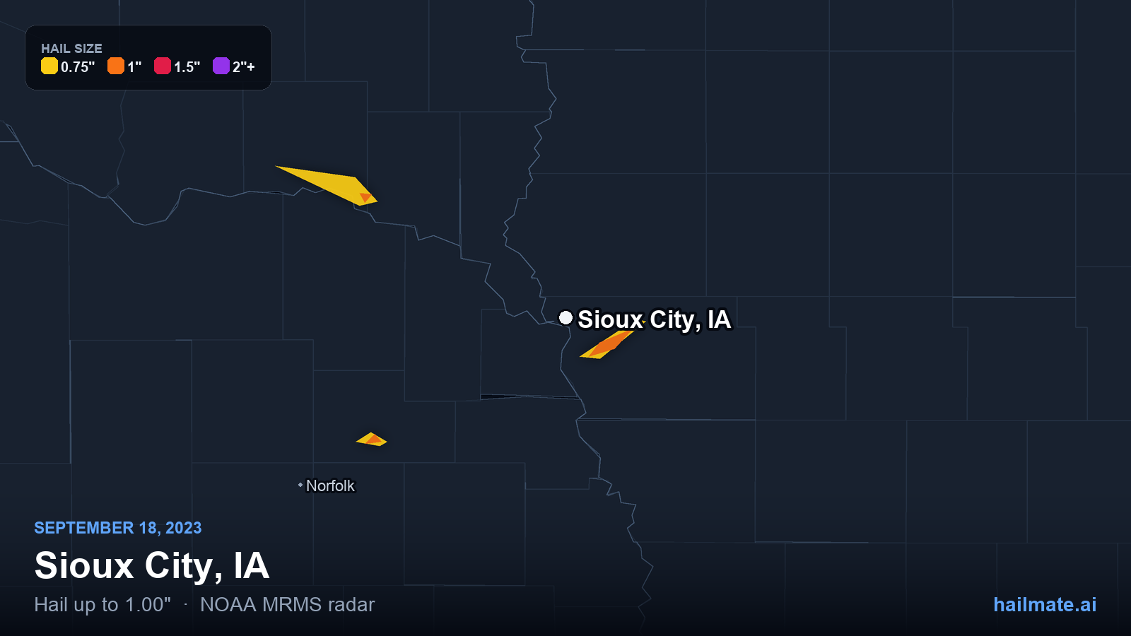 Hail swath map for Sioux City, IA on September 18, 2023 showing 1.00 inch hail.