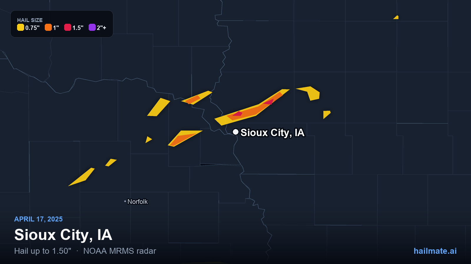 Hail swath map for Sioux City, IA on April 17, 2025 showing 1.50 inch hail.