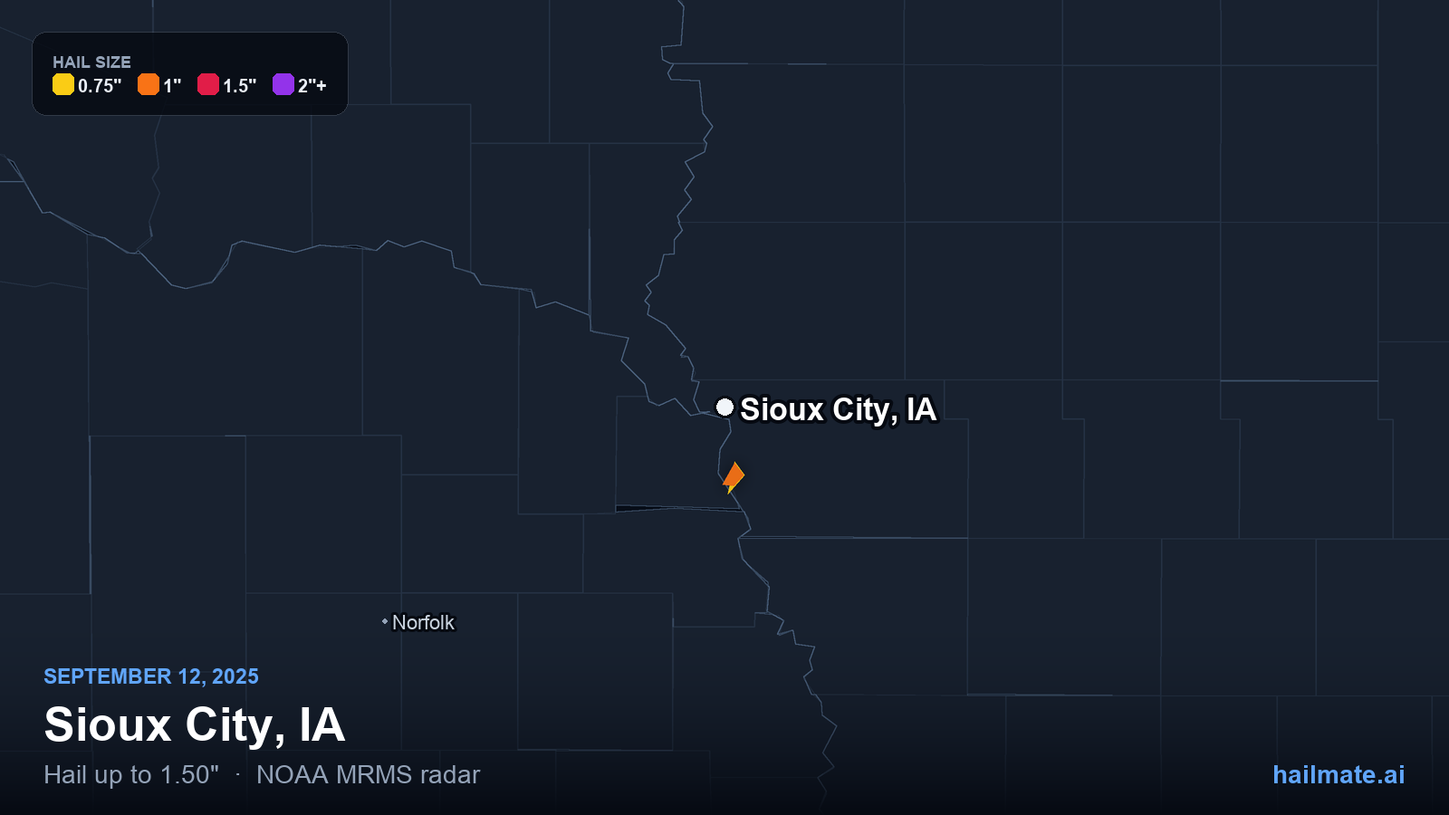 Hail swath map for Sioux City, IA on September 12, 2025 showing 1.50 inch hail.