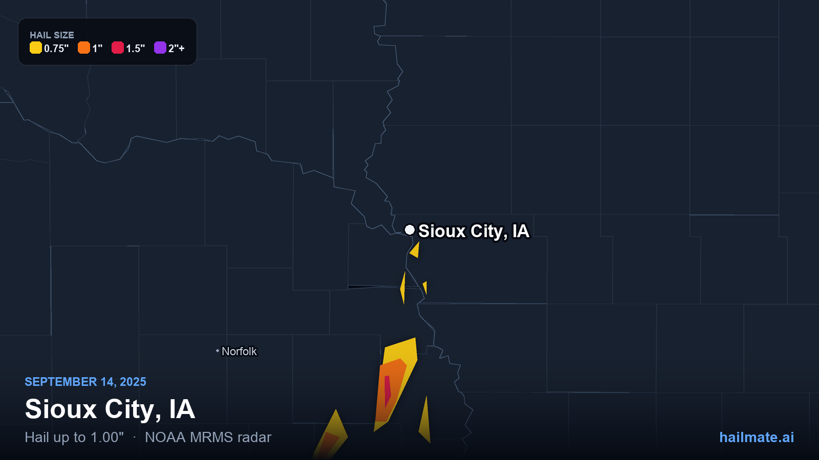 Hail swath map for Sioux City, IA on September 14, 2025 showing 1.00 inch hail.