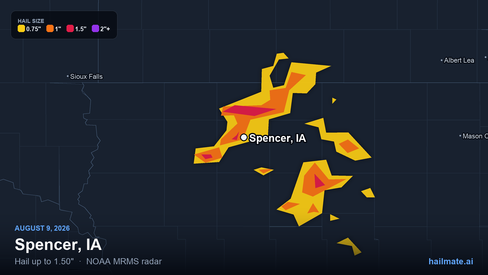 Hail swath map for Spencer, IA on August 9, 2026 showing 1.50 inch hail.
