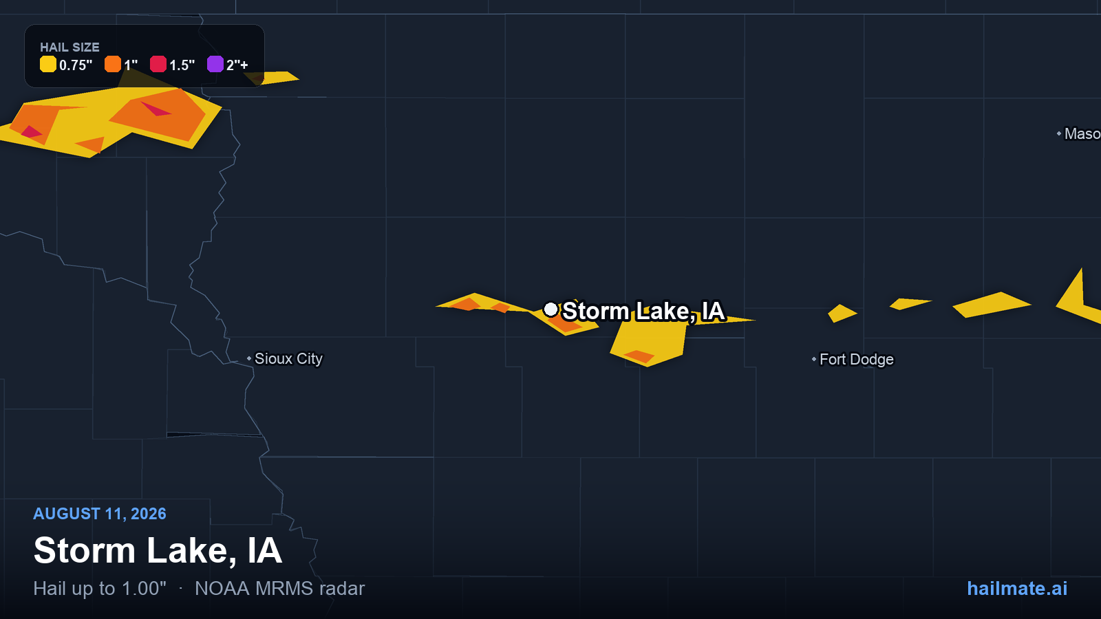Hail swath map for Storm Lake, IA on August 11, 2026 showing 1.00 inch hail.