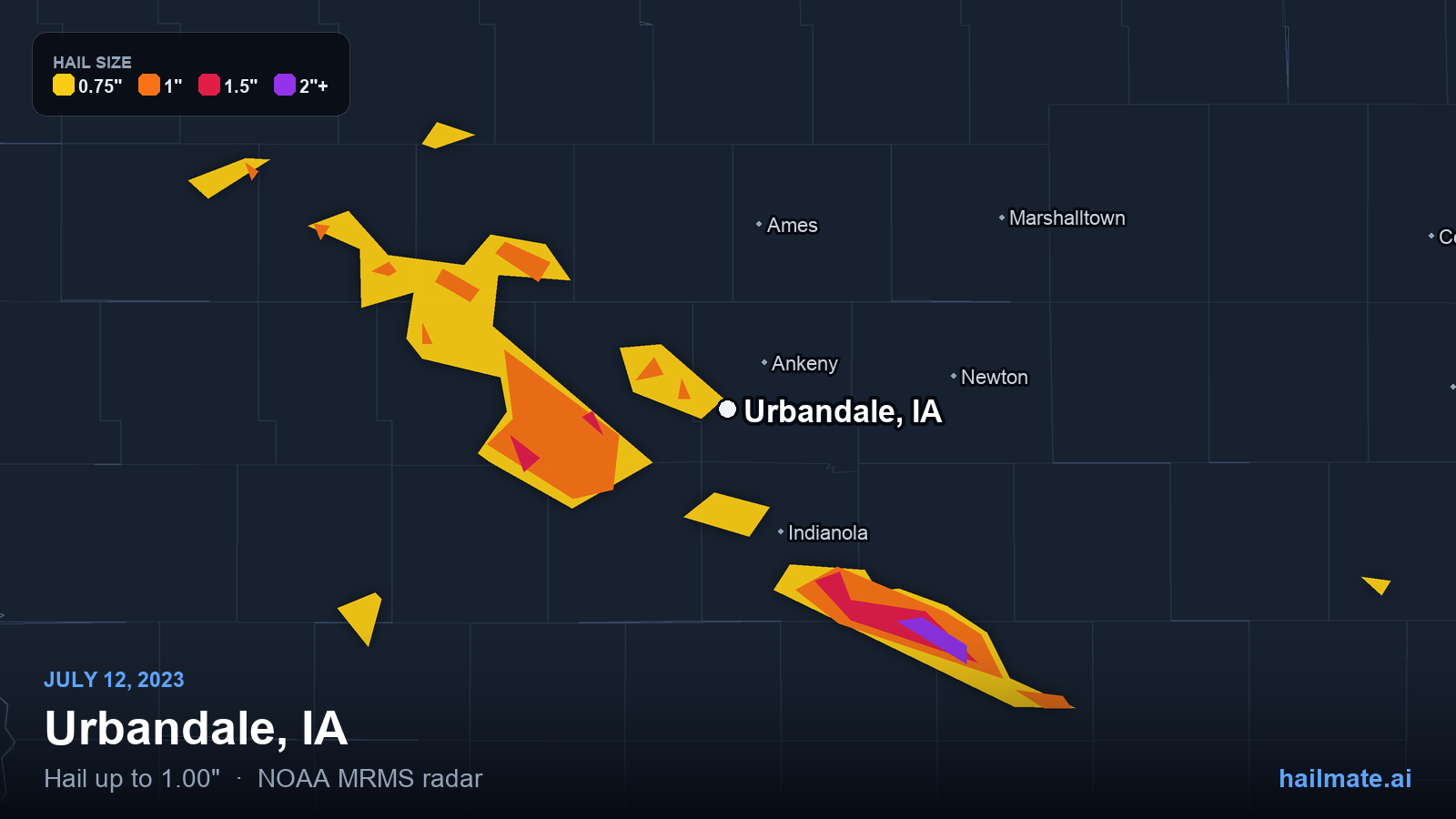 Hail swath map for Urbandale, IA on July 12, 2023 showing 1.00 inch hail.