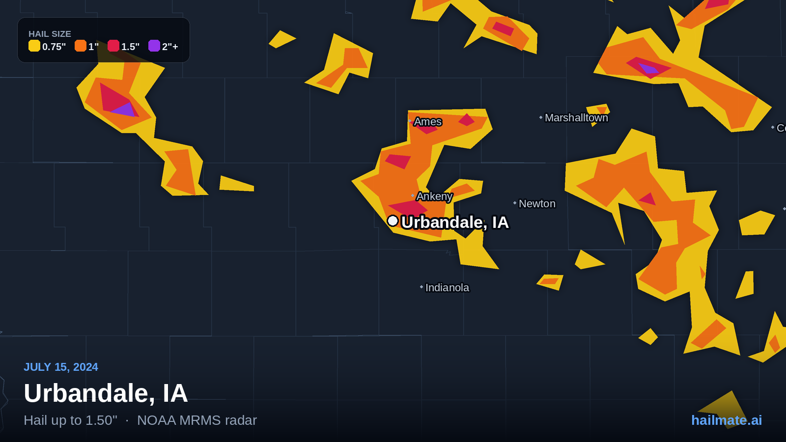 Hail swath map for Urbandale, IA on July 15, 2024 showing 1.50 inch hail.