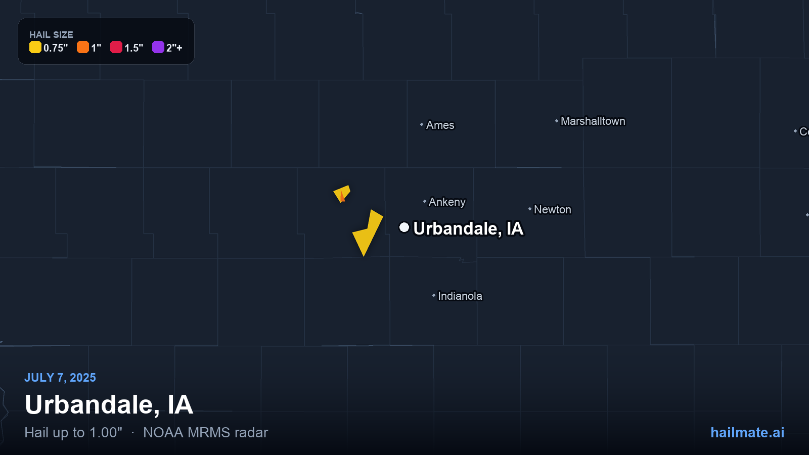 Hail swath map for Urbandale, IA on July 7, 2025 showing 1.00 inch hail.