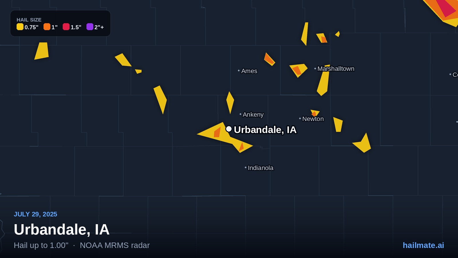 Hail swath map for Urbandale, IA on July 29, 2025 showing 1.00 inch hail.