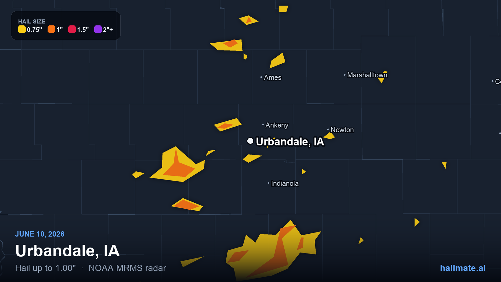 Hail swath map for Urbandale, IA on June 10, 2026 showing 1.00 inch hail.