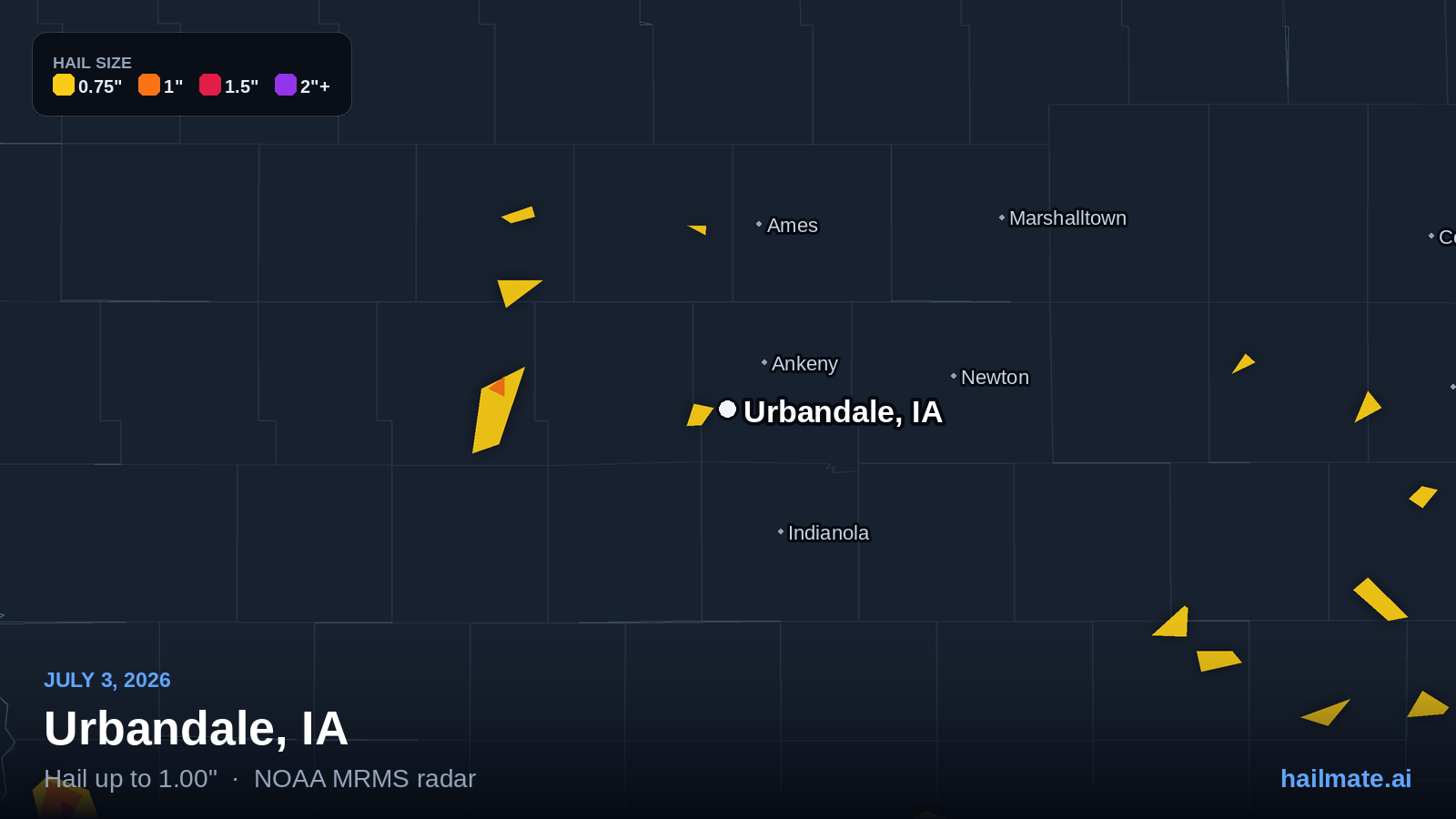 Hail swath map for Urbandale, IA on July 3, 2026 showing 1.00 inch hail.