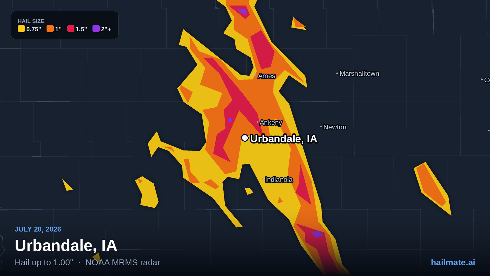 Hail swath map for Urbandale, IA on July 20, 2026 showing 1.00 inch hail.