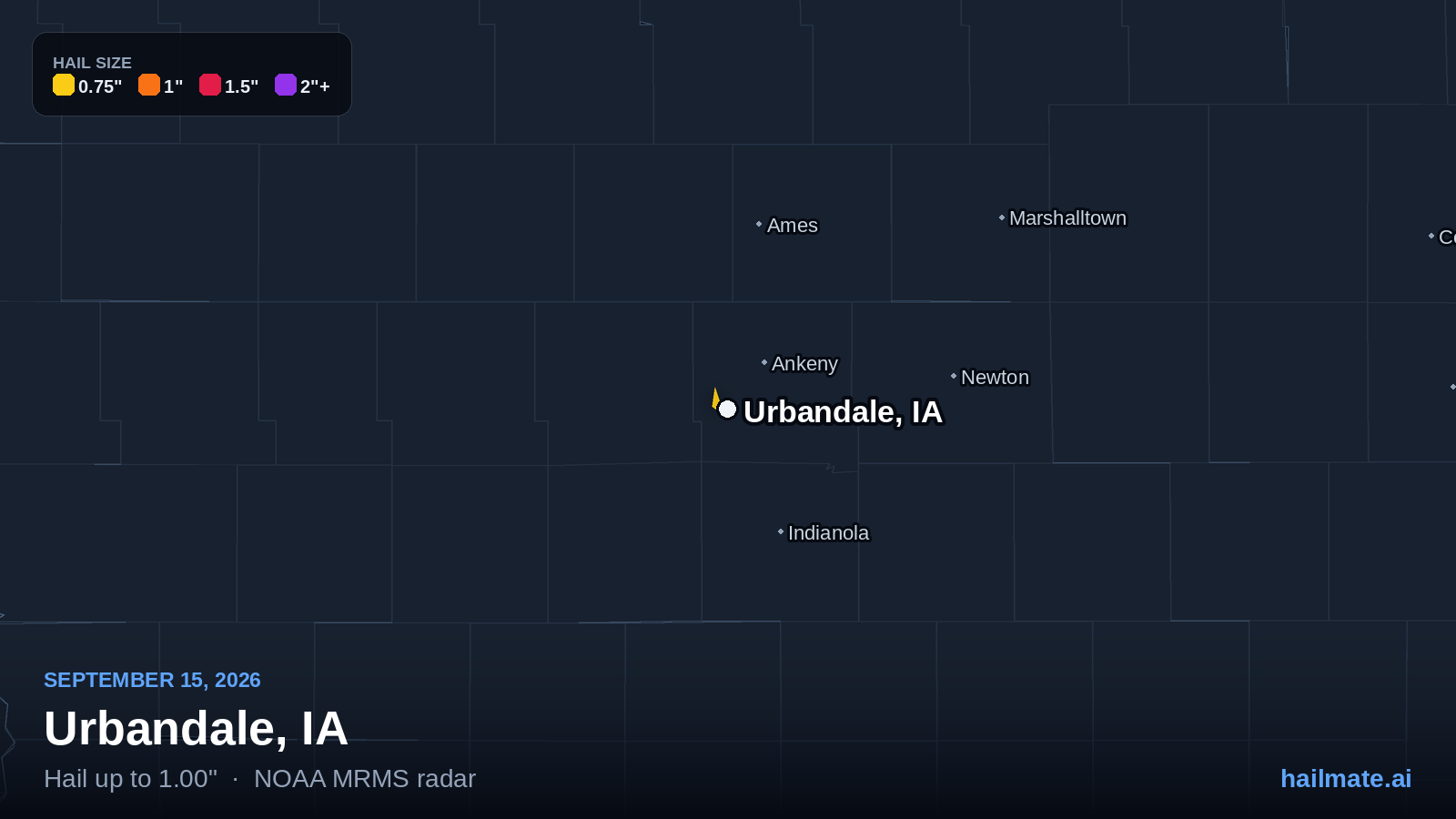 Hail swath map for Urbandale, IA on September 15, 2026 showing 1.00 inch hail.