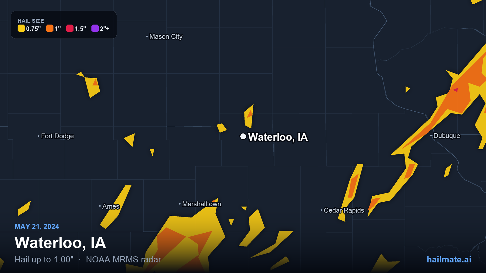 Hail swath map for Waterloo, IA on May 21, 2024 showing 1.00 inch hail.