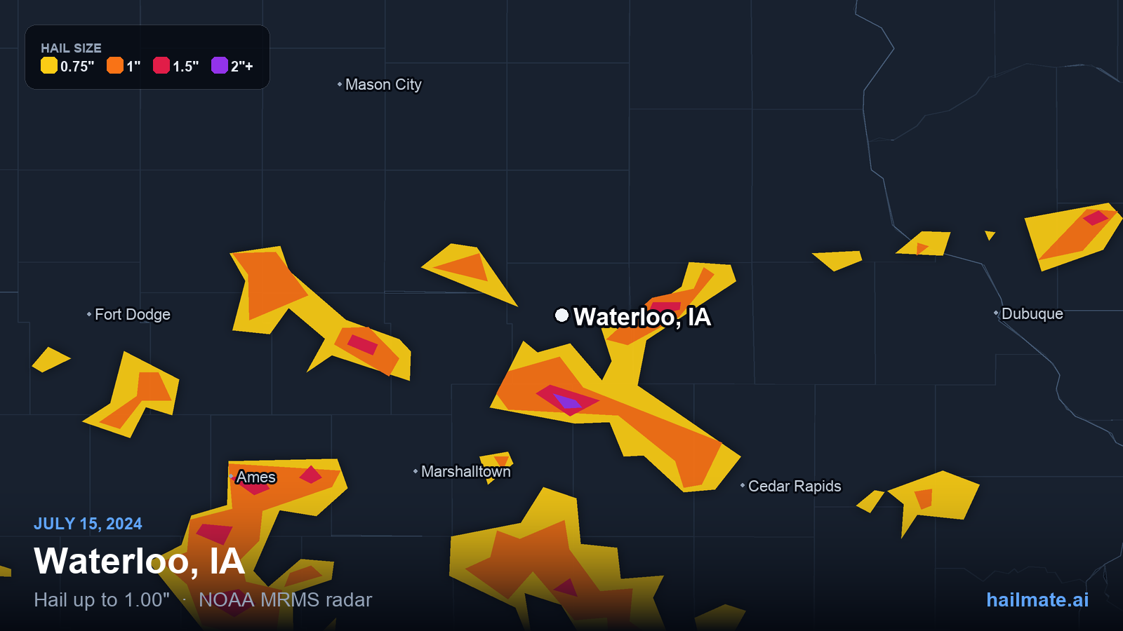 Hail swath map for Waterloo, IA on July 15, 2024 showing 1.00 inch hail.