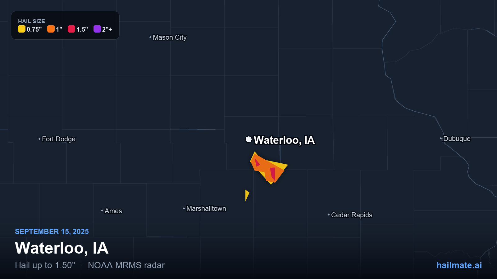 Hail swath map for Waterloo, IA on September 15, 2025 showing 1.50 inch hail.