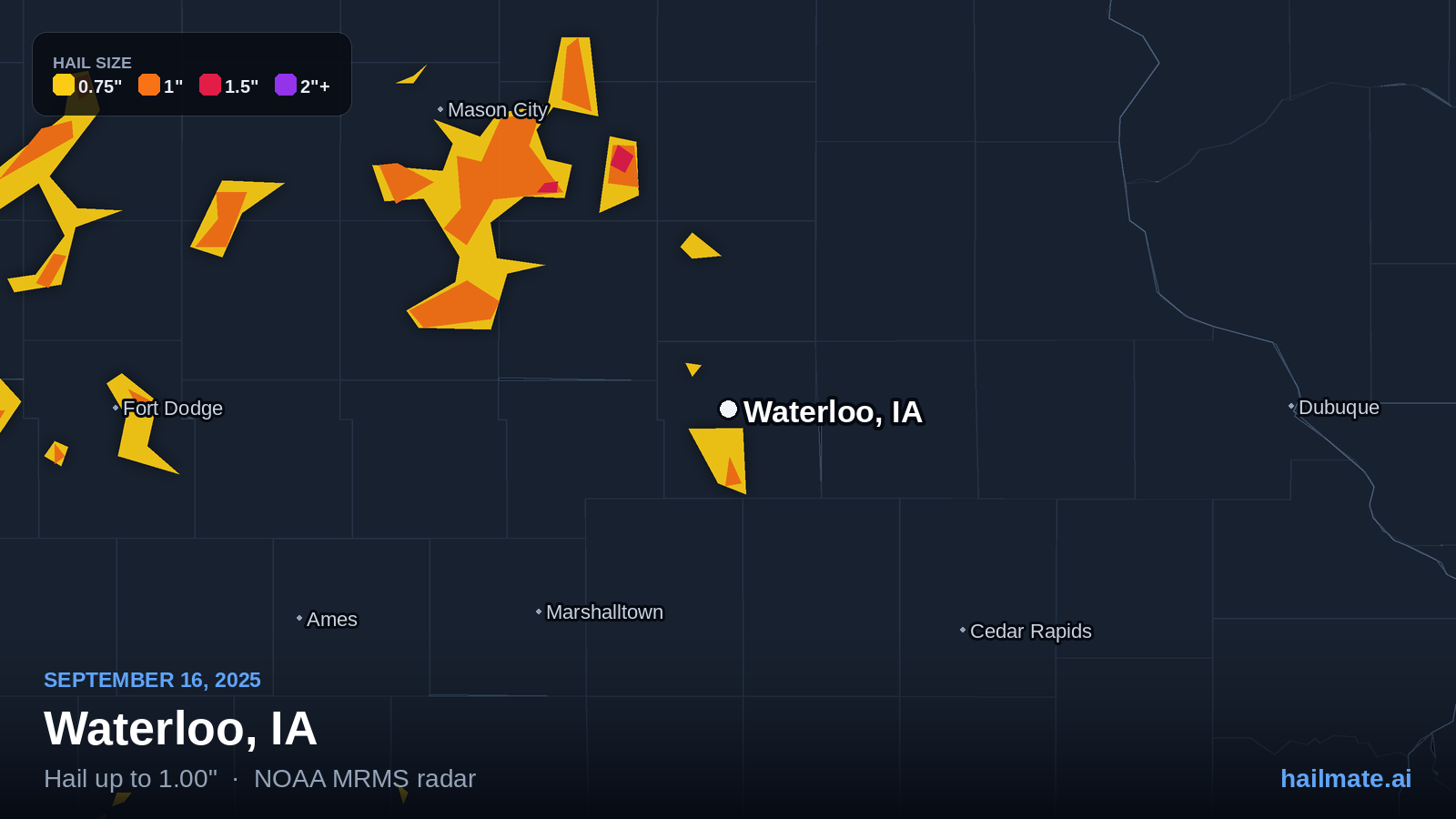 Hail swath map for Waterloo, IA on September 16, 2025 showing 1.00 inch hail.