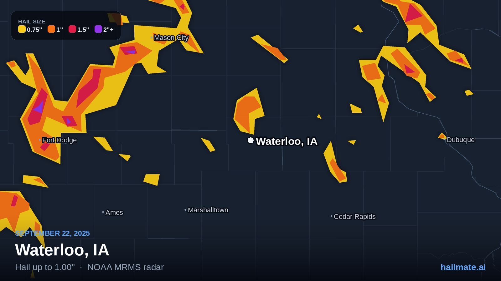 Hail swath map for Waterloo, IA on September 22, 2025 showing 1.00 inch hail.