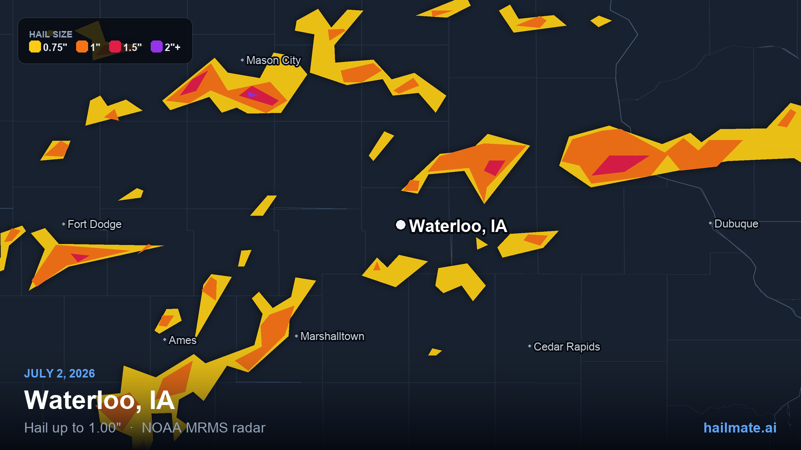 Hail swath map for Waterloo, IA on July 2, 2026 showing 1.00 inch hail.