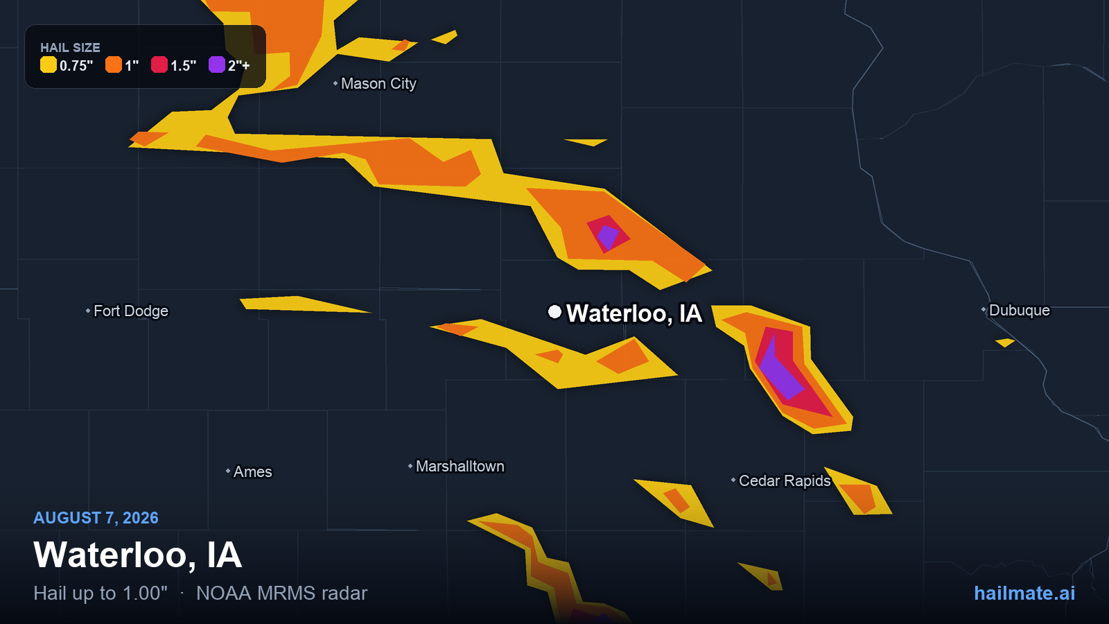 Hail swath map for Waterloo, IA on August 7, 2026 showing 1.00 inch hail.