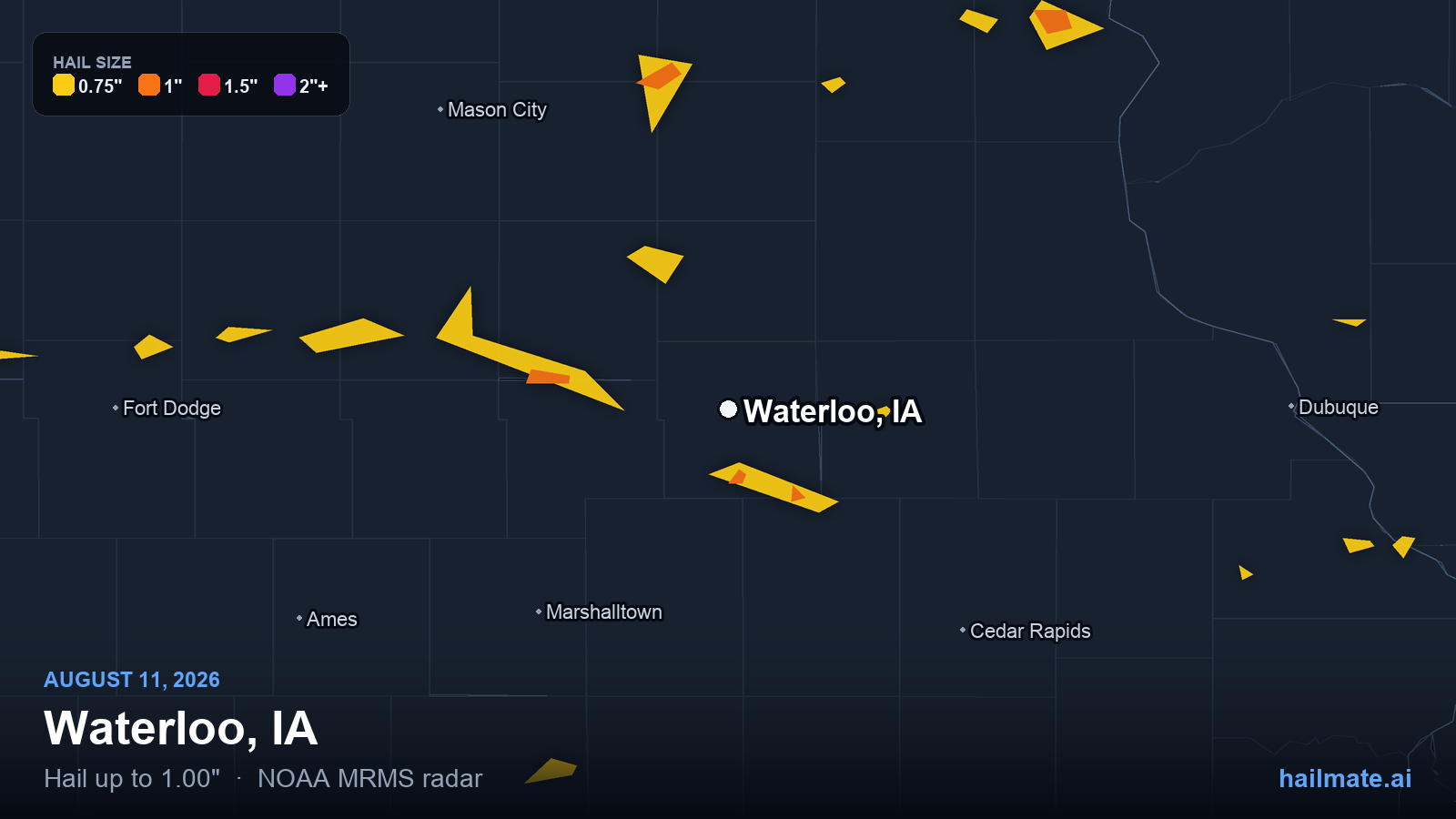 Hail swath map for Waterloo, IA on August 11, 2026 showing 1.00 inch hail.