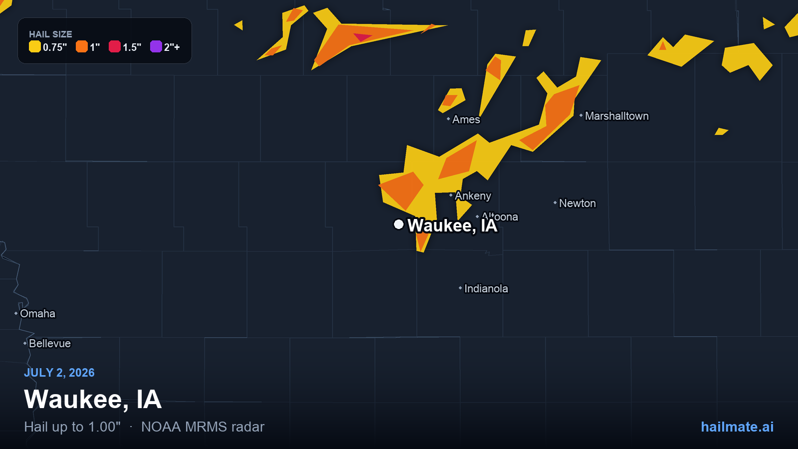 Hail swath map for Waukee, IA on July 2, 2026 showing 1.00 inch hail.