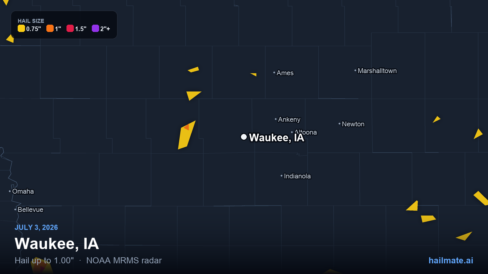 Hail swath map for Waukee, IA on July 3, 2026 showing 1.00 inch hail.
