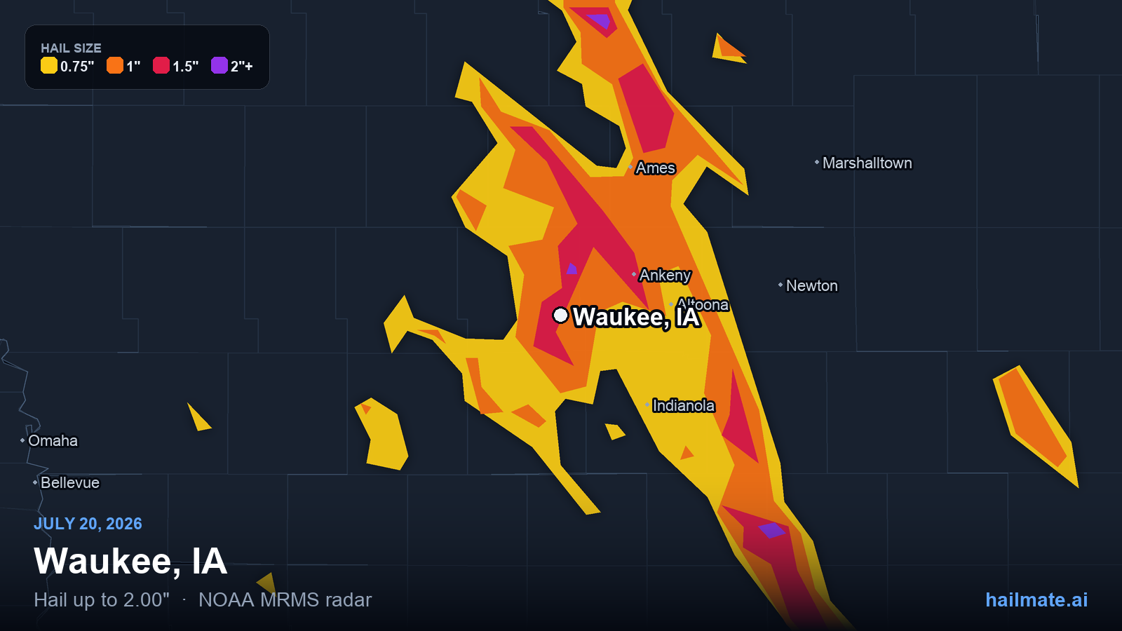 Hail swath map for Waukee, IA on July 20, 2026 showing 2.00 inch hail.