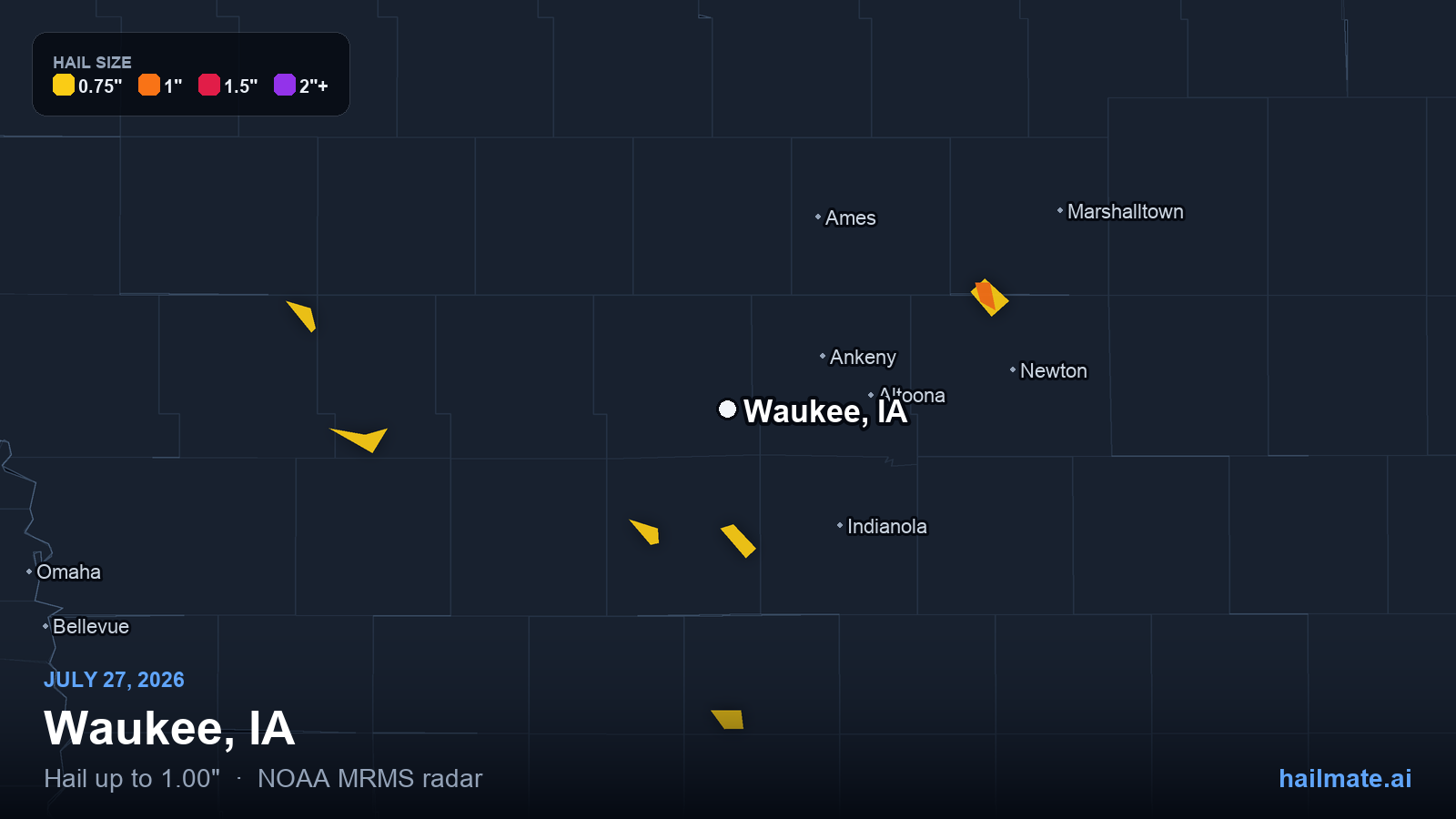 Hail swath map for Waukee, IA on July 27, 2026 showing 1.00 inch hail.
